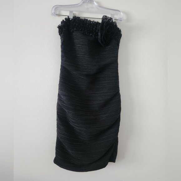 ROMEO & JULIETTE | strapless ruched dress bodycon ruffles lace flower black sz S - Picture 4 of 8